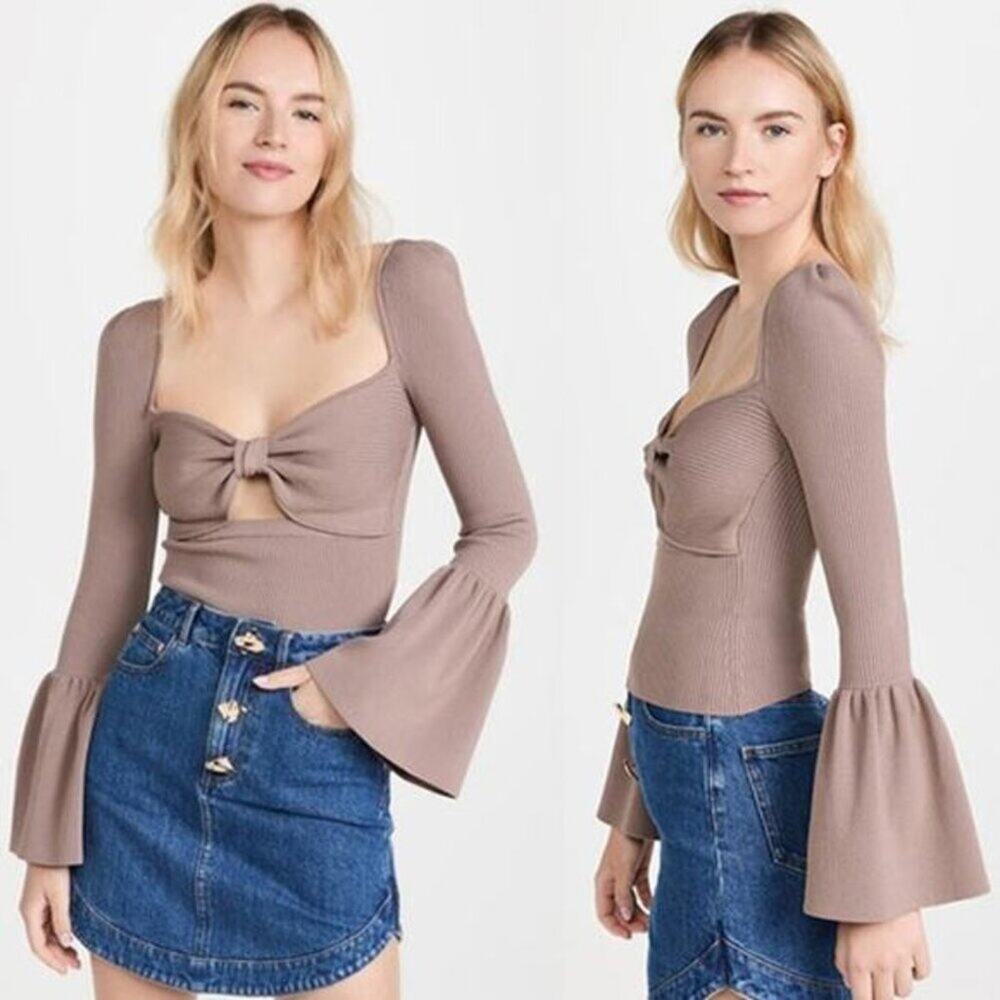 NWT Self Portrait Ribbed Knit Bow Bust Flared Sleeve Cut Out Top Brown Size: XL